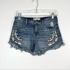 FREE PEOPLE Embroidered Aztec Distressed Denim Jean Shorts Cutoffs Boho Tribal